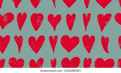 Seamless pattern red heart. Hand Drawn rough brush stroke hearts isolated on white background. Seamless pattern hearts. Design elements for Valentine's day. Vector illustration for your graphic design