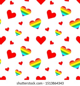 Seamless pattern of red heart and  LGBT rainbow colors in heart shape. Isolated on white background. Vector Illustrator.