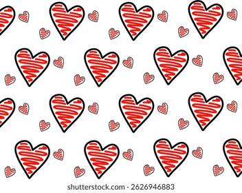 Seamless pattern of red heart with red line stroke as fill . Happy valentine's day header or banner or letter template. vector heart.