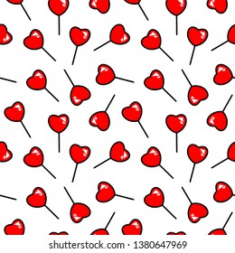 Seamless pattern with red heart lollipops. Vector illustration.
