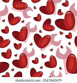 seamless pattern with a red heart and a pink wrench next to it placed chaotically, a pattern for St. Valentine's Day