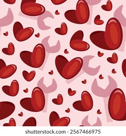 seamless pattern with a red heart and a pink wrench next to it placed chaotically on a pink background, a pattern for St. Valentine's Day