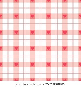 Seamless pattern with red heart and plaid repeat background for Valentine’s Day backdrop, card, banner, wallpaper, wrapping, print. Vector illustration.