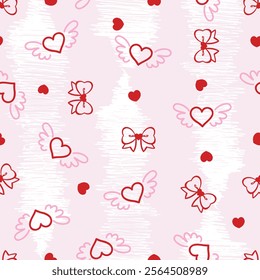 seamless pattern red heart and red ribbons.