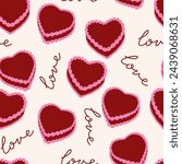 Seamless pattern with red heart shaped cakes and handwritten lettering love. Holiday valentine