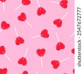 Seamless pattern with red heart shaped lollipop. Romantic candy background for Valentines Day and Love holidays. Design concept for print, wrapping paper, fabric. Hand drawn minimalist illustration