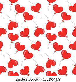 Seamless pattern with red heart shaped air balloons isolated on white background. Concept of love, romantic, romance, couple, saint valentine's day, gift. Simple vector illustration in cartoon style
