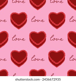 Seamless pattern with red heart shaped cakes and handwritten lettering love. Holiday valentine's day vector flat background