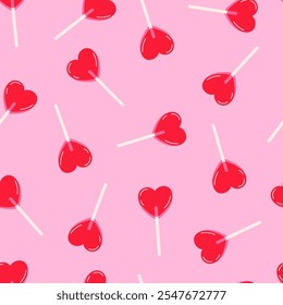 Seamless pattern with red heart shaped lollipop. Romantic candy background for Valentines Day and Love holidays. Design concept for print, wrapping paper, fabric. Hand drawn minimalist illustration