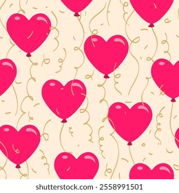 Seamless pattern with red heart shaped balloons, confetti, serpentine. Romantic Valentine's Day or Wedding background.
