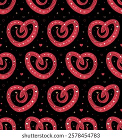 Seamless pattern with red heart shaped snake and abstract Y2K figures on black background. Perfect for Valentine's day design, fabric, packaging, astrology, wrapping paper. Vector Illustration in flat