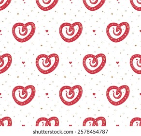 Seamless pattern with red heart shaped snake and abstract Y2K figures on transparent background. Perfect for Valentine's day design, fabric, packaging, astrology, wrapping paper. Vector Illustration