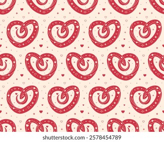 Seamless pattern with red heart shaped snake and abstract Y2K figures on pastel background. Perfect for Valentine's day design, fabric, packaging, astrology, wrapping paper. Vector Illustration in