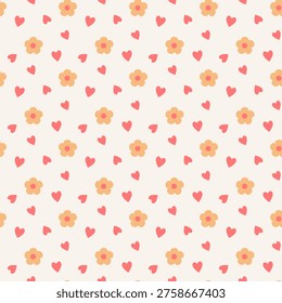 Seamless pattern with red heart shaped and yellow daisy flower on white background. Cute vector floral simple print in flat style