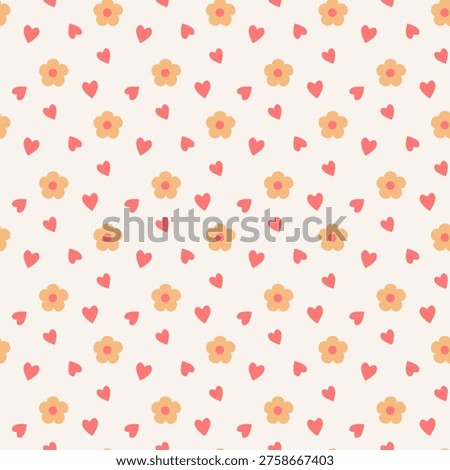 Seamless pattern with red heart shaped and yellow daisy flower on white background. Cute vector floral simple print in flat style