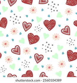 Seamless pattern of red heart shapes on white background. Valentine's day with colorful hearts.Cute Valentines wallpaper. 