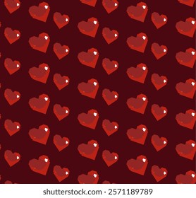 Seamless pattern of red heart shapes on a deep red background. Pixelated style giving a retro and video game-inspired aesthetic. Playful and nostalgic design suitable for Valentine's Day themes.