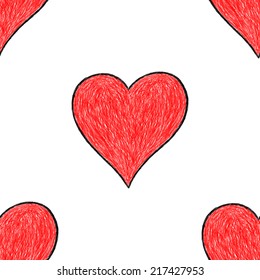 Seamless pattern with red heart sign with black line contour isolated on white background. Hand drawn graphic design element save in vector illustration 10 eps