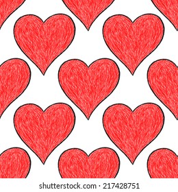Seamless pattern with red heart sign with black line contour isolated on white background. Hand drawn graphic design element save in vector illustration 10 eps