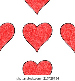 Seamless pattern with red heart sign with black line contour isolated on white background. Hand drawn graphic design element save in vector illustration 10 eps