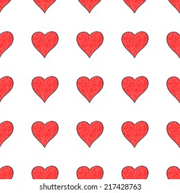 Seamless pattern with red heart sign with black line contour isolated on white background. Hand drawn graphic design element save in vector illustration 10 eps