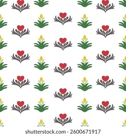 seamless pattern red heart and yellow flower on white background