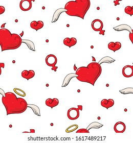 Seamless pattern with red hearts angel and demon. Signs of the planets of Venus, Mars. Romantic endless textures for wedding design, valentines day, love cards. For fabric, wallpaper, covers.