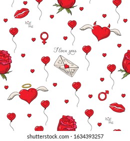 Seamless pattern with red hearts angel and demon, balloons. Lettering I love you and Kiss me. Signs of the planets of Venus, Mars. Romantic endless textures for various love design, valentines day.