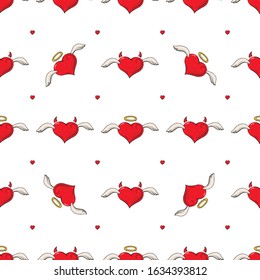 Seamless pattern with red hearts angel and demon. Romantic endless textures for wedding design, valentines day, love cards. For fabric, wallpaper, covers.
