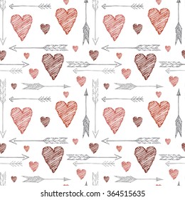 Seamless pattern from red hearts and archers drawn by hand. Devoted to St. Valentine's Day.Background in vector.Background in vector.