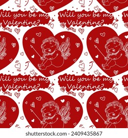 Seamless pattern with red hearts and baby cupid inside them