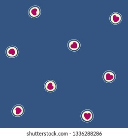 Seamless pattern with red hearts in beige circles on blue background