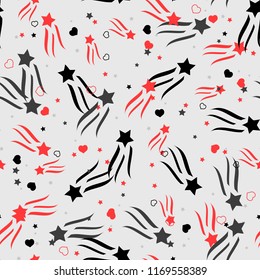 Seamless pattern with red hearts and black stars on white background. Vector illustration