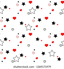 Seamless pattern with red hearts and black stars on white background. Vector illustration