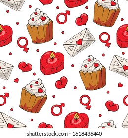 Seamless pattern with red hearts and candles. Love letter, cake, signs of the planets of Venus, Mars. Romantic endless textures for wedding design, valentines day, love cards. For fabric, wallpaper.