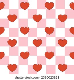 Patrón sin foco de corazones rojos. Elementos de dibujos animados de estilo retro a la moda en el fondo de tablero de ajedrez rosa. Ilustración del vector