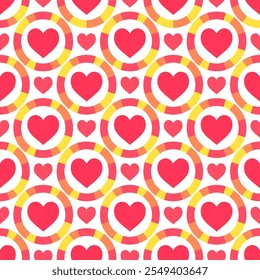 Seamless pattern with red hearts centered within colorful  rings on white background.