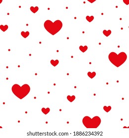 Seamless pattern of red hearts and circles. Vector illustration on a white background.