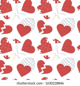 Seamless pattern with Red hearts. Clipart of broken heart sewing by thread, in chains closed on lock, covered a cage, in a web. Symbols of love, wedding and Valentines day Flat Art Vector illustration