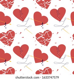 Seamless pattern with Red hearts. Clipart of broken heart sewing by thread, in chains closed on lock, covered a cage, in a web. Symbols of love, wedding and Valentines day Flat Art Vector illustration