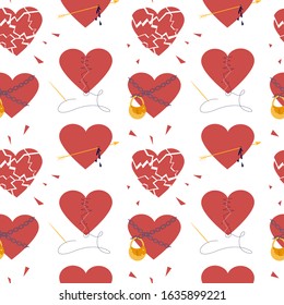Seamless pattern with Red hearts. Clipart of broken heart sewing by thread, in chains closed on lock, covered a cage, in a web. Symbols of love, wedding and Valentines day Flat Art Vector Illustration