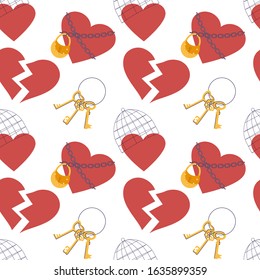Seamless pattern with Red hearts. Clipart of broken heart sewing by thread, in chains closed on lock, covered a cage, in a web. Symbols of love, wedding and Valentines day Flat Art Vector illustration
