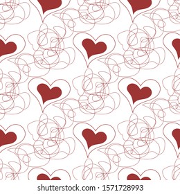 Seamless pattern of red hearts and decorative lines. Vector drawing for Valentines day. Changeable background. Endless texture for different design.