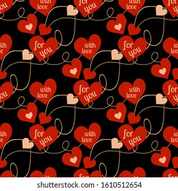 Seamless pattern with red hearts and decorative curves on the dark background. Traditional Valentines day decoration. Symbol of love.