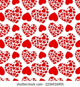 Seamless pattern of red hearts of different sizes. For printing, gift paper, fabric, background, celebration of all lovers, birthday