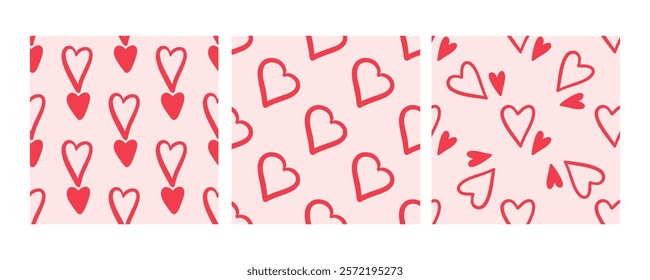 Seamless pattern with red hearts in different styles in doodle style