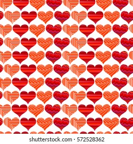 Seamless pattern with red hearts. Different red hearts on a white background. Vector valentine illustration.
