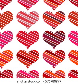 Seamless pattern with red hearts. Different red hearts on a white background. Vector valentine illustration.

