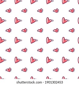 Seamless pattern with red hearts in doodle style on white background