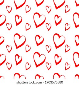 Seamless pattern with red hearts. Doodle style. Template for Valentine's Day greeting cards, fabric, packaging, textiles, wallpaper, clothing.